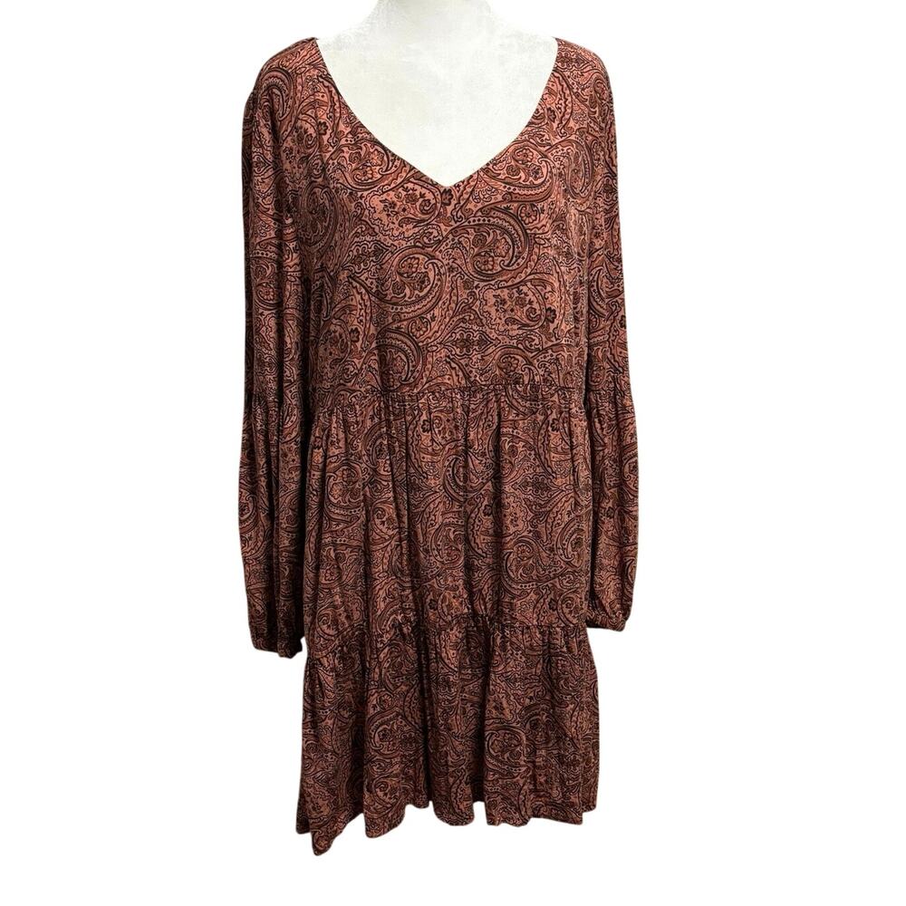 Rachel Ashwell Size XL Tiered Mini Dress Babydoll V Neck Floral Paisley